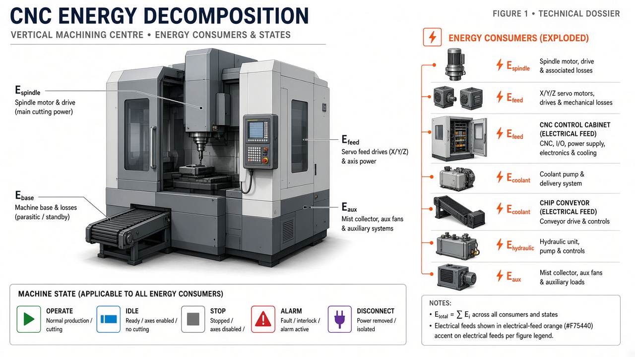 CNC energy decomposition showing spindle, feed, coolant, hydraulics, and machine states