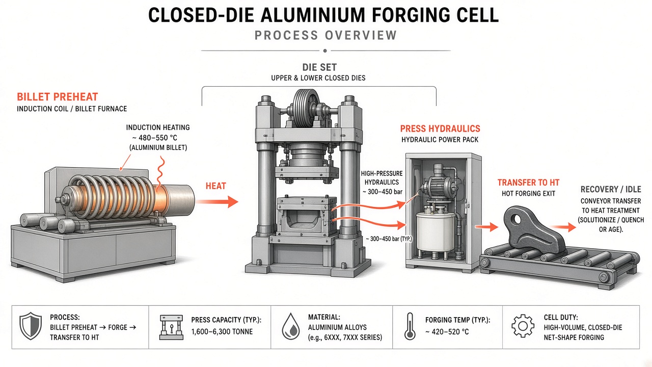 Closed-die aluminium forging cell process overview from billet preheat to transfer into heat treatment