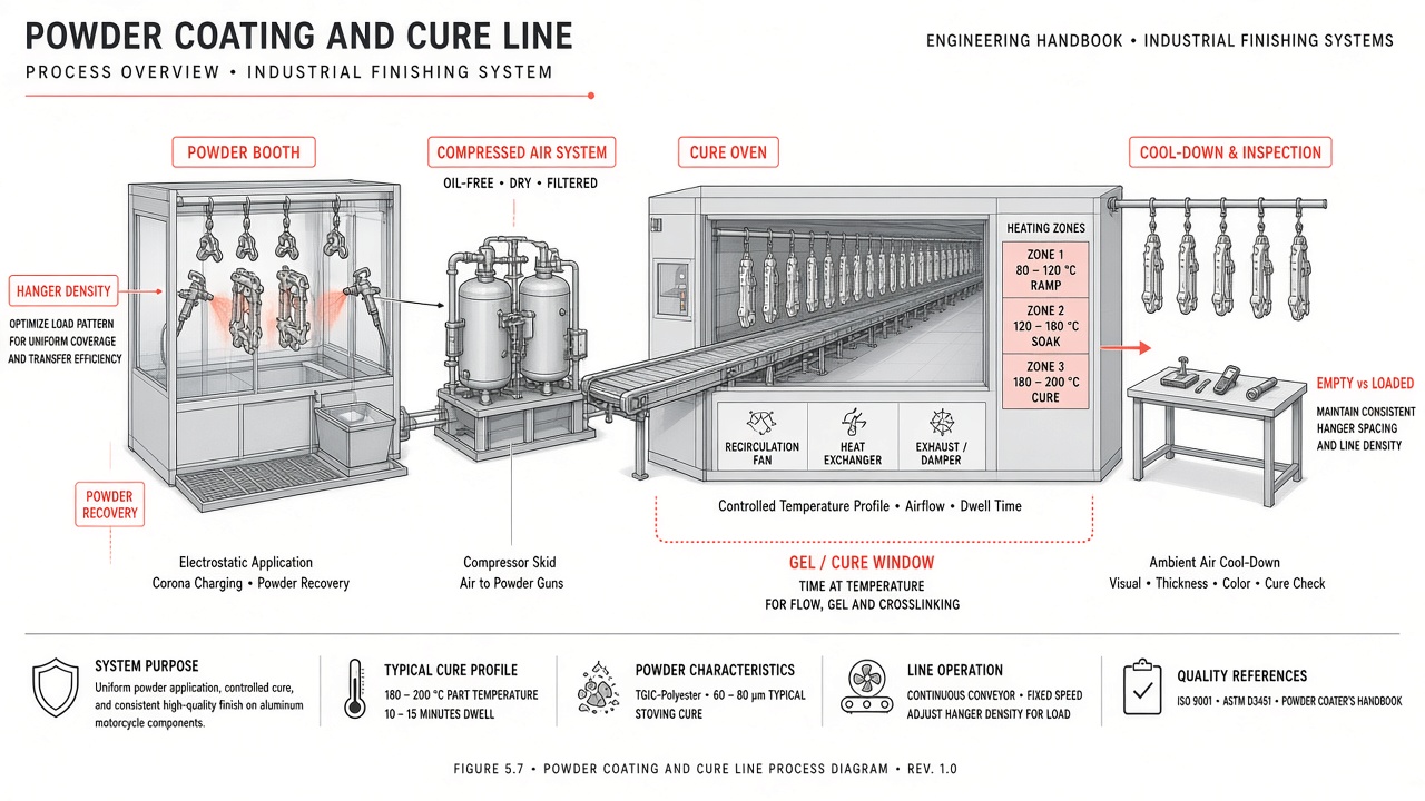 Powder coating and cure line process overview from booth through cure to cool-down
